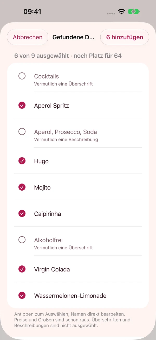 Drink League: recognised drink names ready to select