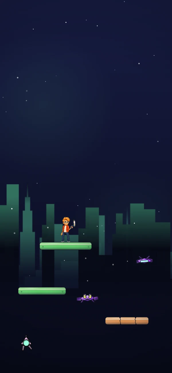 Bruno Blast: Bruno on a platform above a city at night